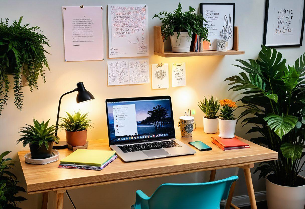 A visually captivating workspace filled with colorful stationery, a laptop with an open blog post, a coffee cup steaming beside it, surrounded by inspiring quotes and vibrant plants. The scene should evoke a sense of creativity and inspiration, showcasing dynamic elements like sketches and brainstorming notes floated around. super-realistic. vibrant colors. warm lighting.