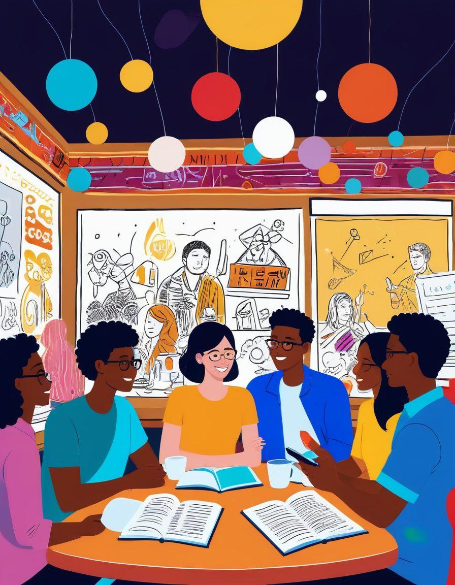 A vibrant, illustrated scene showcasing a diverse group of people gathered around a large digital tablet, sharing stories and engaging in interactive discussions. The background features a lively café setting filled with colorful decorations and books, emitting a warm, inviting atmosphere. Various speech bubbles and icons symbolizing engagement float above, representing connection and community. The foreground highlights two characters animatedly sharing their stories, embodying the essence of storytelling. cartoon style. bright colors. engaging composition.