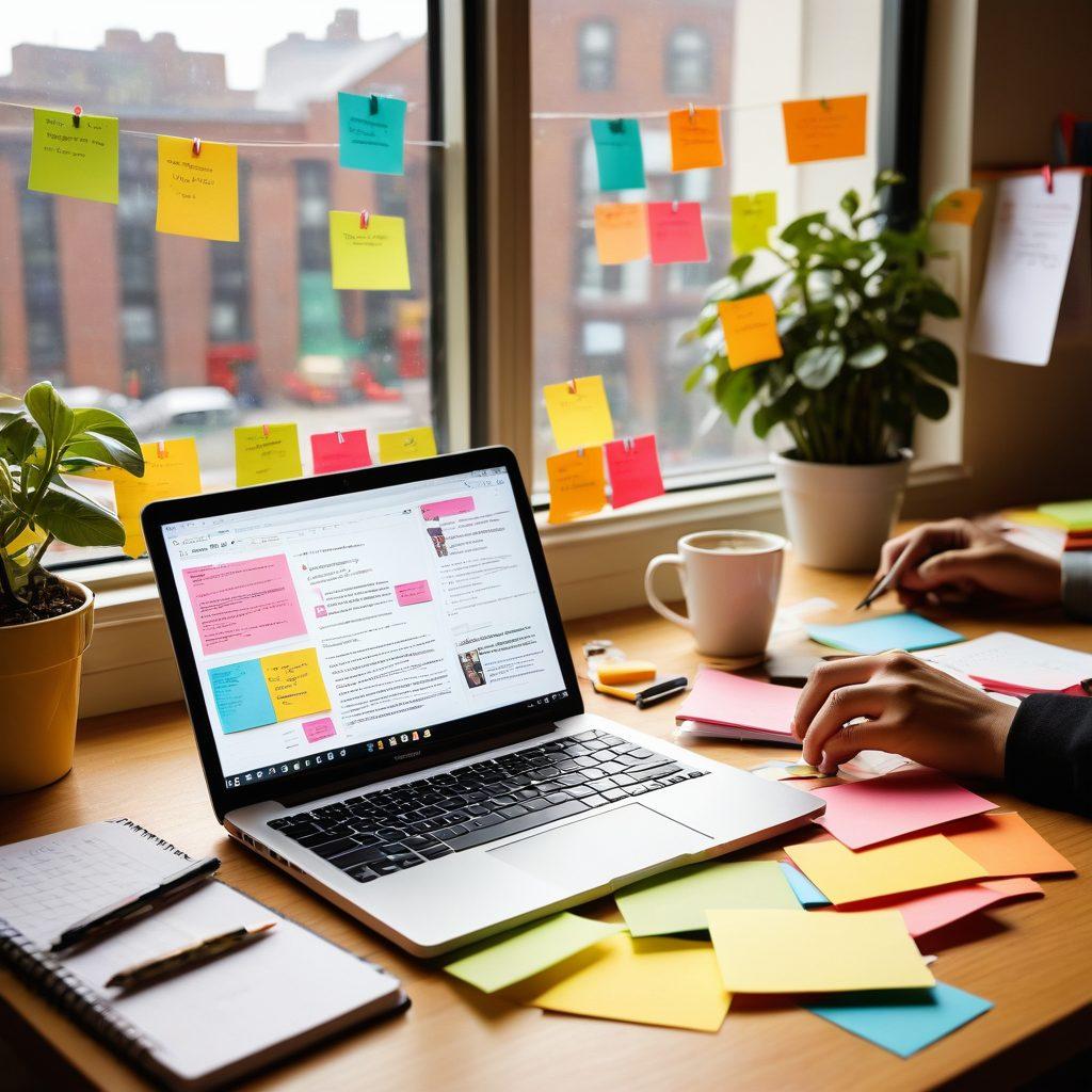 A vibrant desk scene featuring a person typing on a laptop, surrounded by colorful sticky notes with personal anecdotes and ideas. Include a coffee cup, an open notebook with sketches of audience engagement strategies, and a window showing a bright sunny day. Evoke a sense of creativity and interaction, symbolizing the journey of self-expression in blogging. bright colors. super-realistic. 